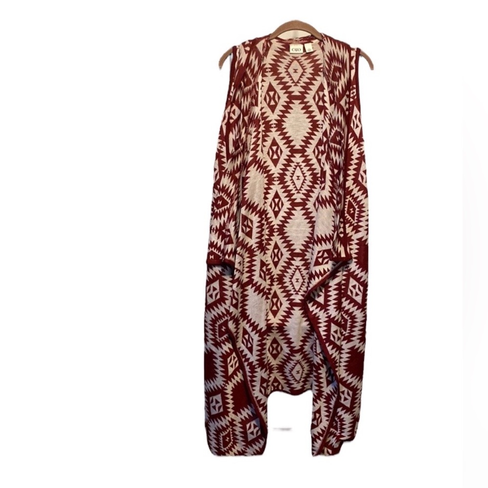 Cato Western Aztec Tribal Print Sleeveless Cardigan Duster Sweater Red Large